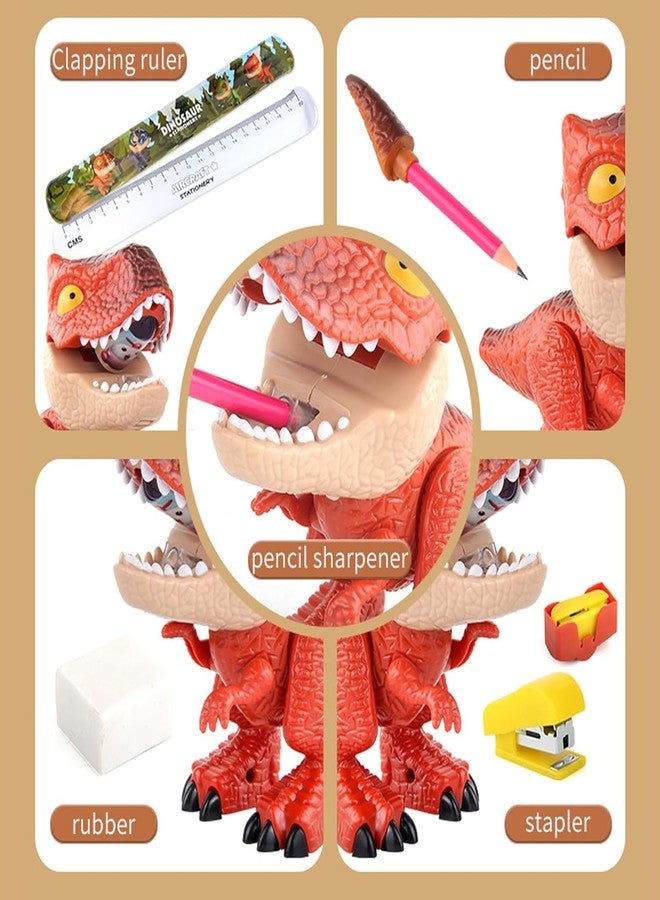 KolorFish 5 in 1 Stationery Set,Dinosaur-Themed Stationery Funny Toy for Kids,Student Storage Eraser Ruler Pencil Sharpener Staple for Boys and Girls (Orange) - Image 2